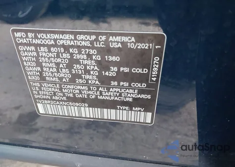 2022 Volkswagen Atlas 3.6L V6 Sel from USA, damaged, VIN 1V2BR2CAXNC509029